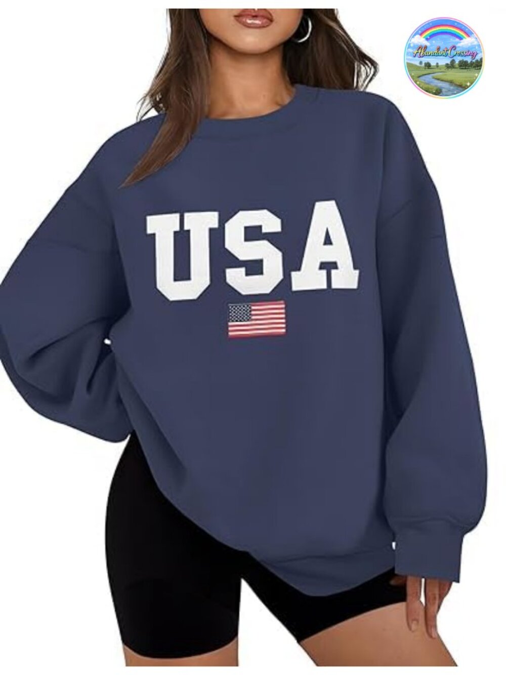 Women's Oversized Fleece USA Flag Crewneck Sweatshirt Casual Fall Winter